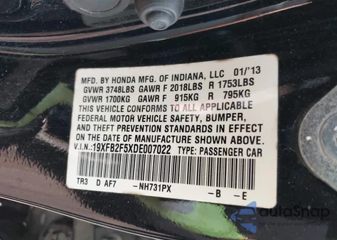 2013 Honda Civic Sdn Lx from USA, damaged, VIN 19XFB2F5XDE007022